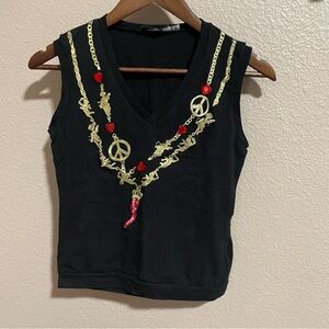 Moschino Black Crop Top with Gold and Red Accents
